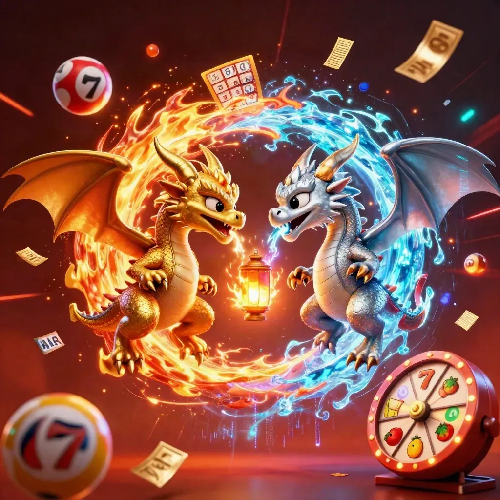Gold and silver dragons spiral around a lantern spirit amid casino prizes and neon sparks.