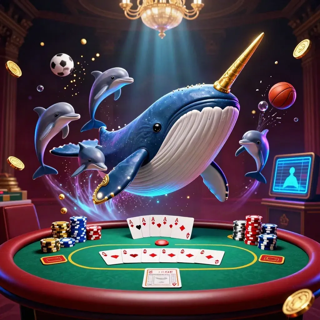 Whale captain, narwhal, and dolphins burst through coins with poker chips, balls, and neon glow.