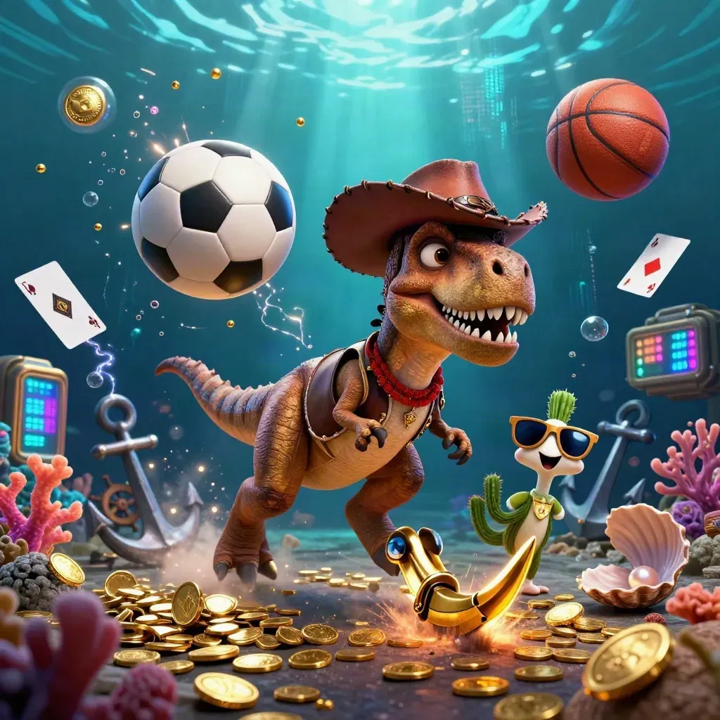 Cowboy T-Rex, cactus and roadrunner burst through an underwater treasure cove with balls and gold coins.