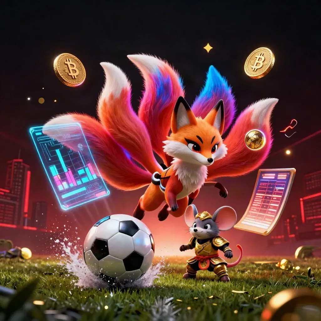 Neon fox spirit and armored mouse with a frozen soccer ball, casino coins, and blazing stadium light.