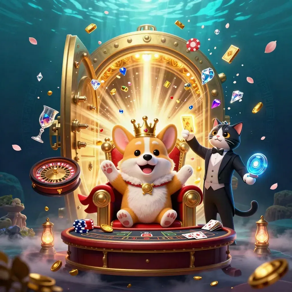 Royal corgi and cat butler amid a bursting vault, gold, blue light, and casino magic.