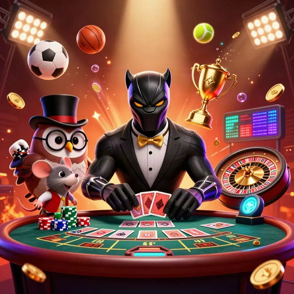 Panther, owl, and mouse casino heroes amid spinning balls, coins, cards, and neon light.