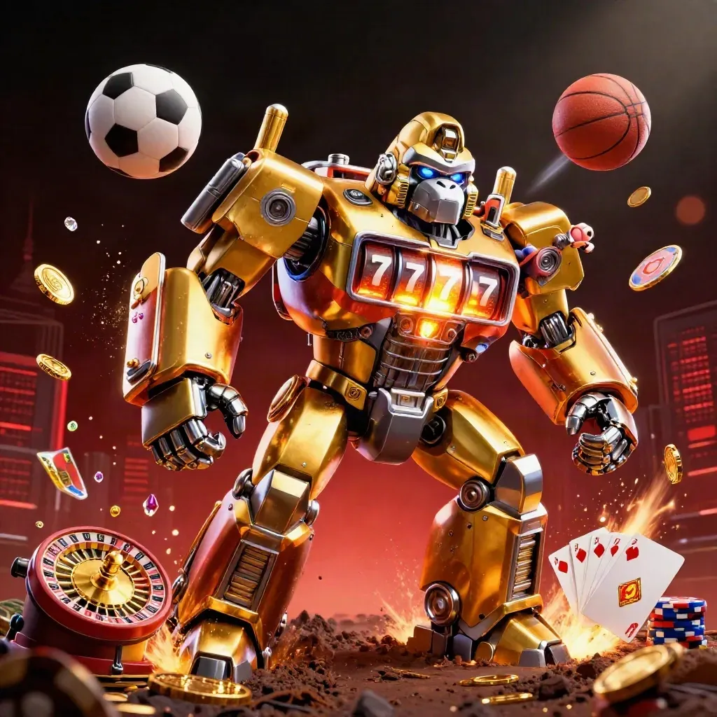 Golden gorilla mech with triple-seven reels blasts coins, chips, and sports balls under stadium lights.