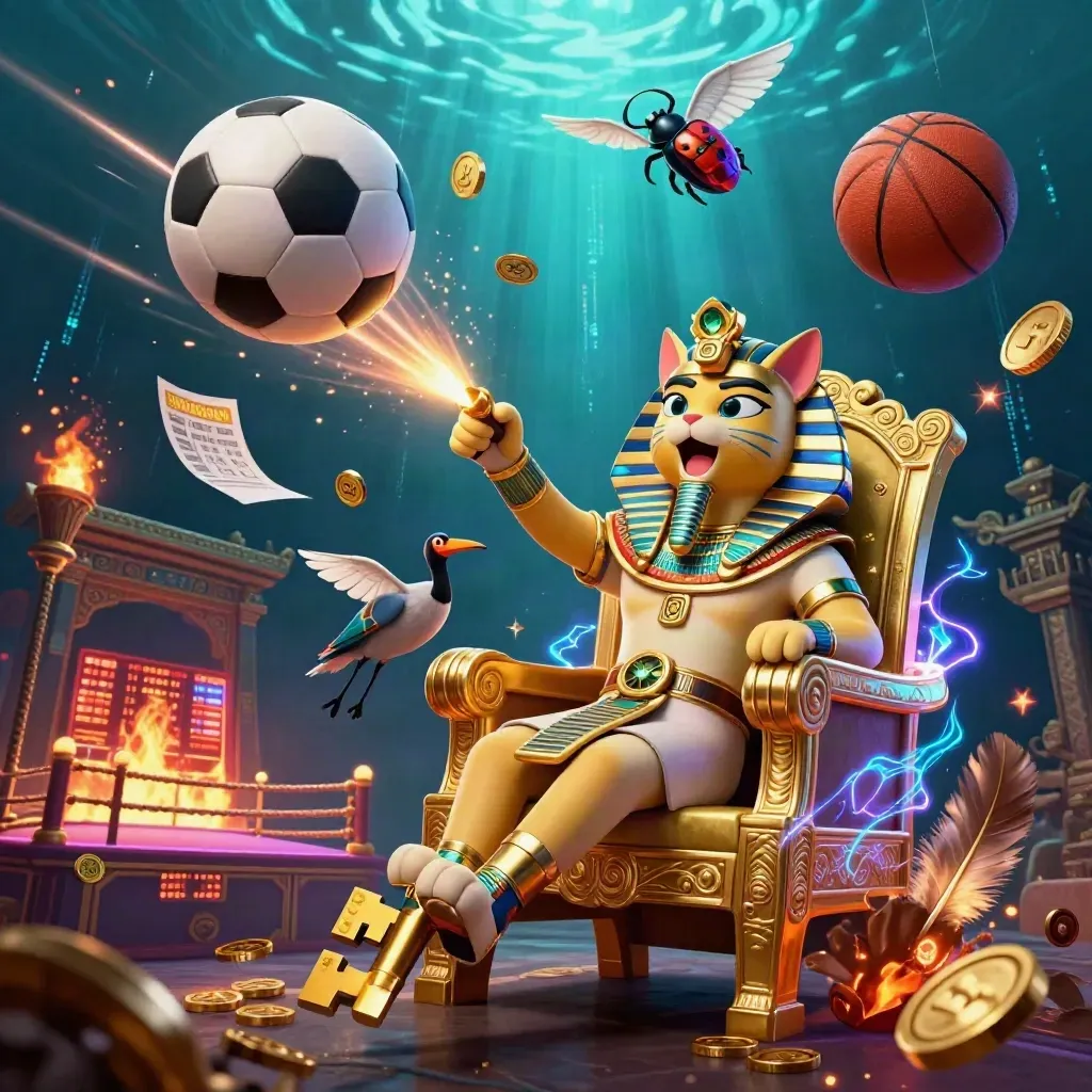 Pharaoh cat, ibis scribe, and gem-wing scarabs amid sports balls, coins, and neon energy