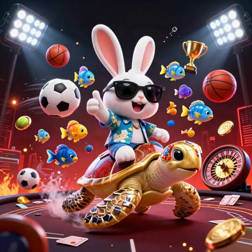 Lucky rabbit on golden sea turtle amid sports balls, casino table, roulette, and glowing lights