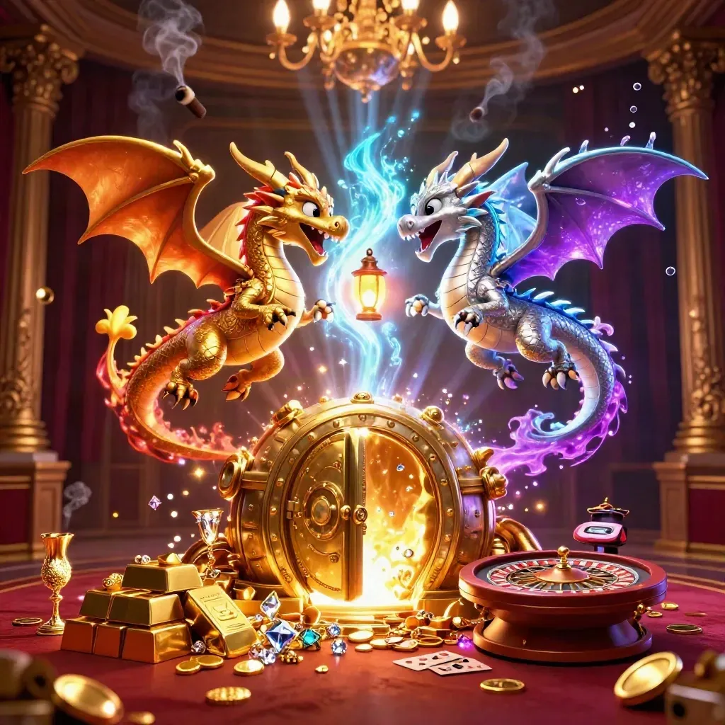 Twin gold and silver dragons swirl around a glowing vault in a luxe casino room.