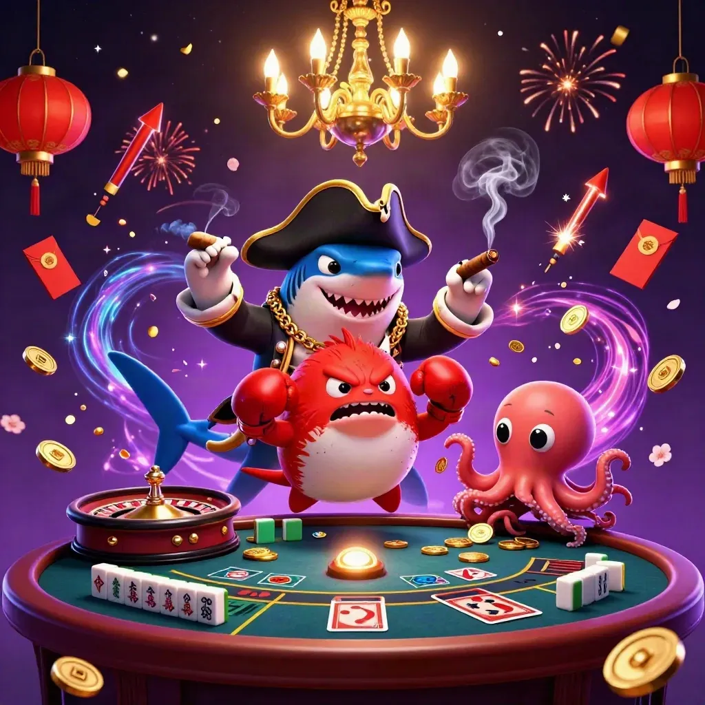 Pirate shark, pufferfish, and baby octopus amid casino neon, lanterns, coins, and magical sparkles.
