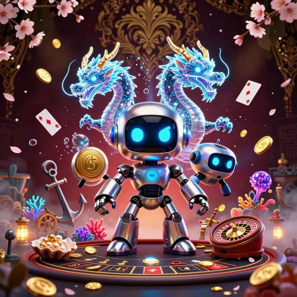 Cyberpunk robot, holographic dragon and coin drone in a gilded casino cove with sparks and jewels
