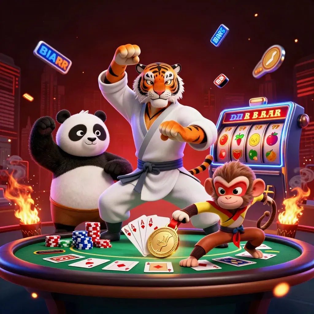 Tiger, panda, and monkey martial-arts heroes amid casino chips, cards, reels, embers, and neon skyline.