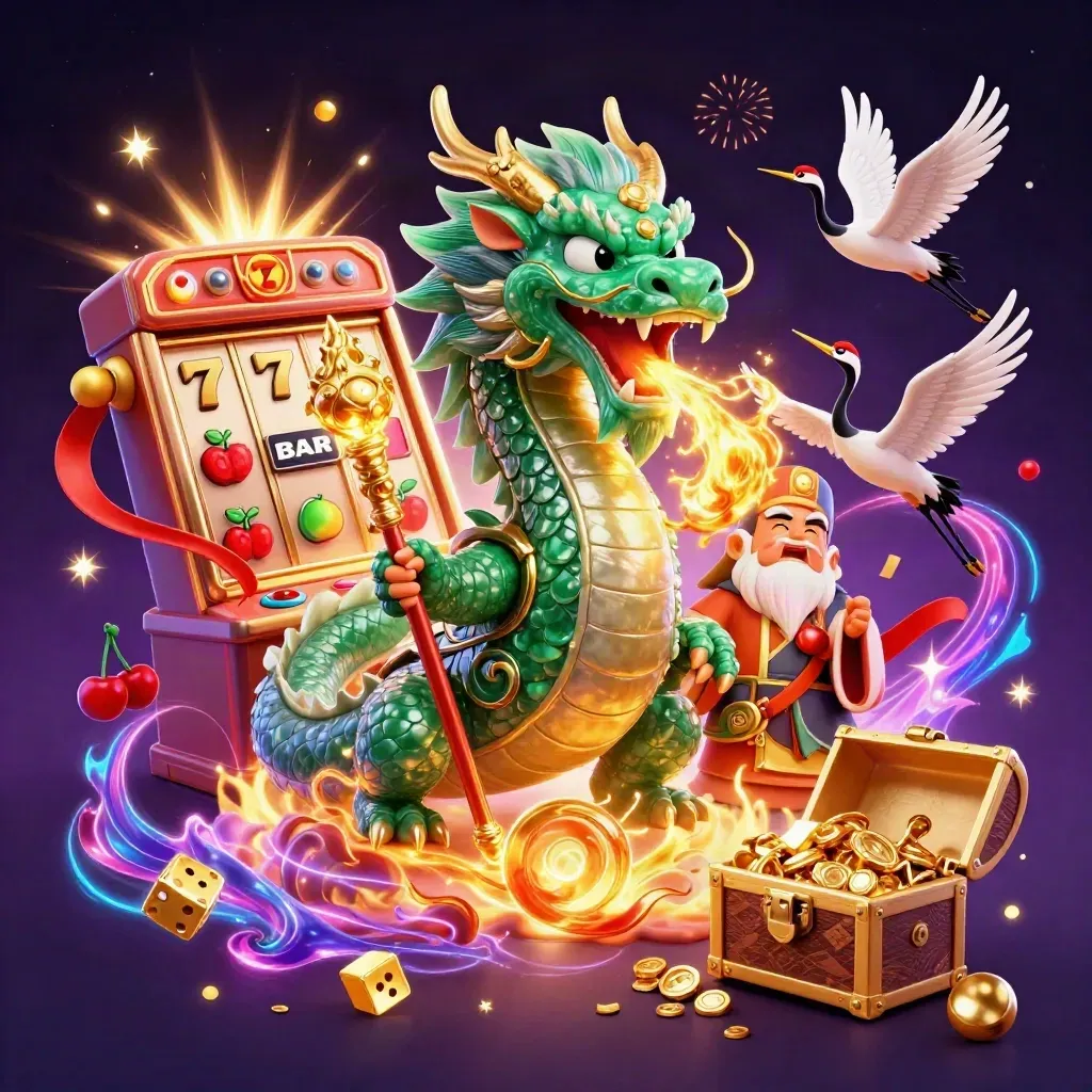 Emerald dragon, turtle sage, and cranes amid casino bursts, gold fire, gems, and neon energy.