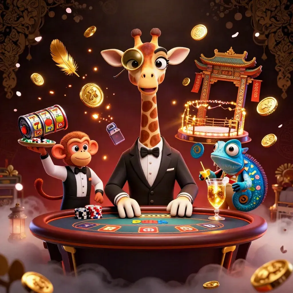 Giraffe gambler, monkey valet, and chameleon bartender amid casino magic, coins, petals, and neon glow.