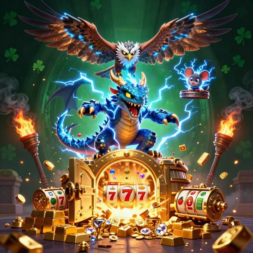 Thunder dragon, hawk, and mouse burst from a golden vault with gems and neon casino energy.