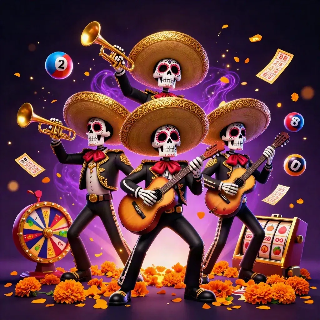 Skeleton mariachi trio with casino bursts, lottery balls, prize wheel, gold petals, and neon glow.