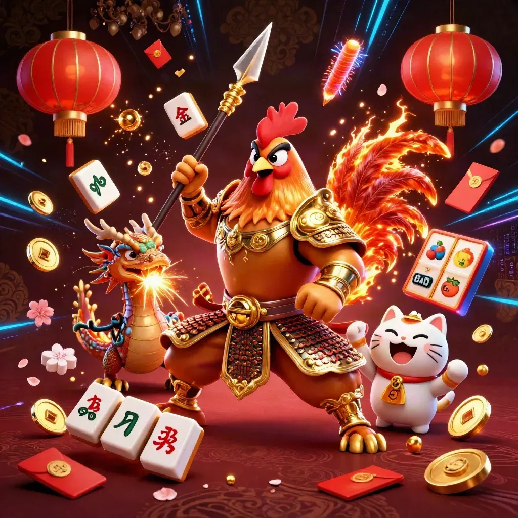 Rooster warrior, dragon hatchling, and fortune cat burst through neon casino treasure and gold sparks.