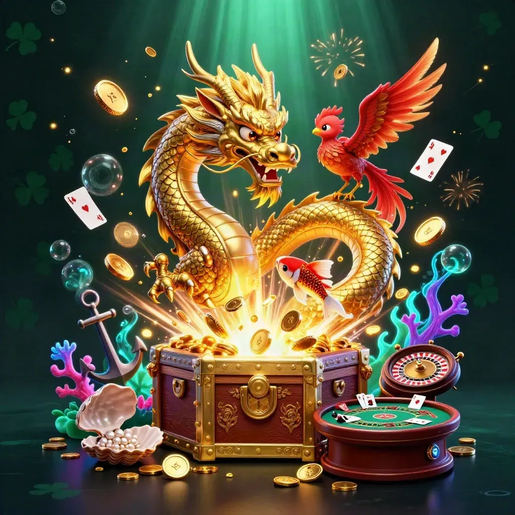 Golden dragon, phoenix and koi burst from a treasure chest amid coins, coral and casino symbols