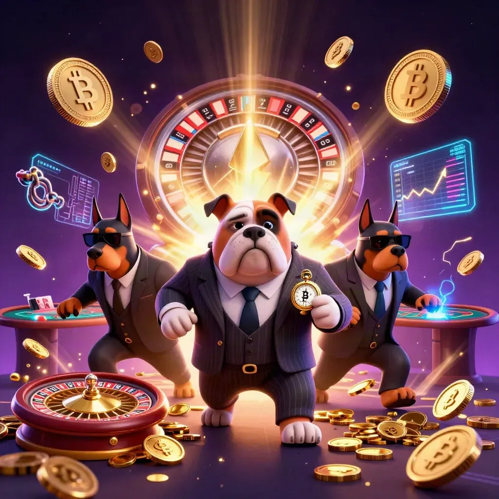 Bulldog mafia boss and bodyguards amid casino coins, crypto, lightning, and spinning roulette