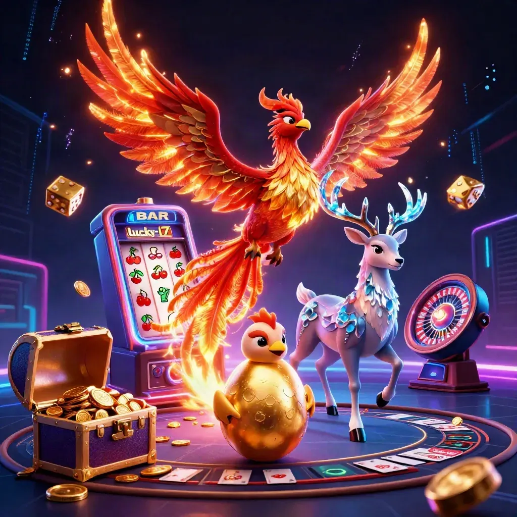 Phoenix trio bursts from a slot machine with gold coins, neon sparks, and casino props.
