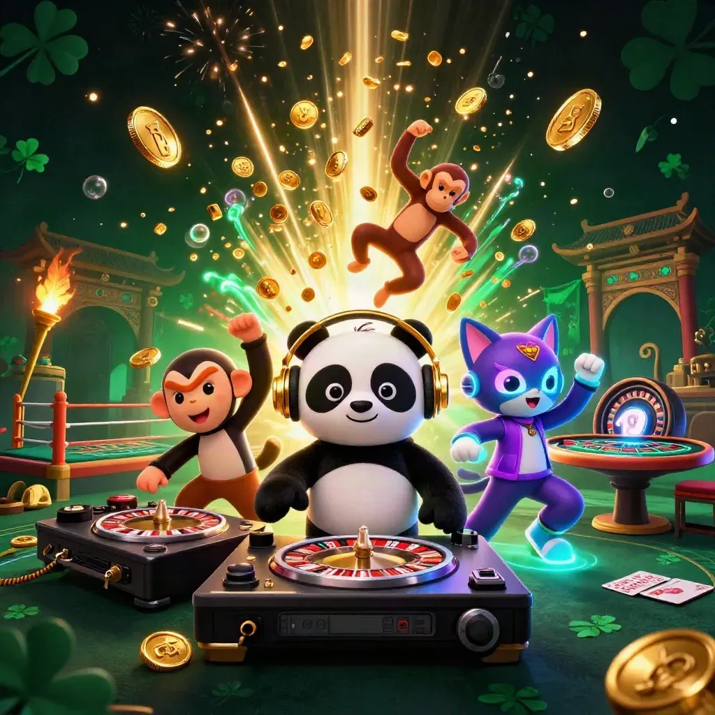 DJ panda, dancing monkey, rave kitten amid coins, fireworks, temple gate, and casino props