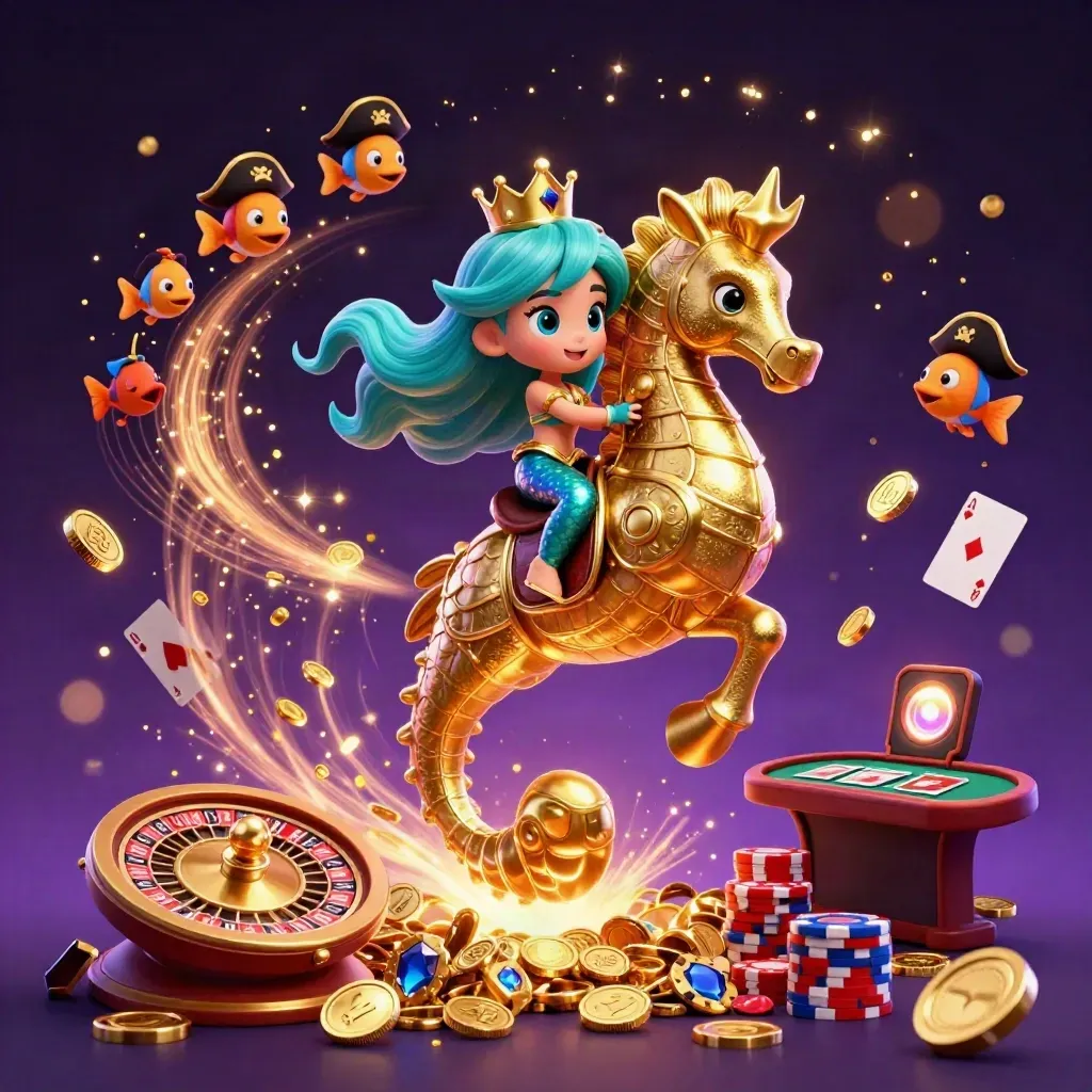Mermaid princess on armored seahorse with coins, roulette, chips, and fireworks in neon casino style.