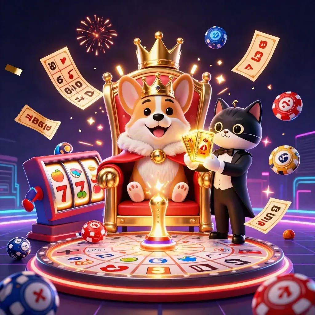 Royal corgi, cat butler, and casino symbols burst in neon blue and gold over a dark grid.