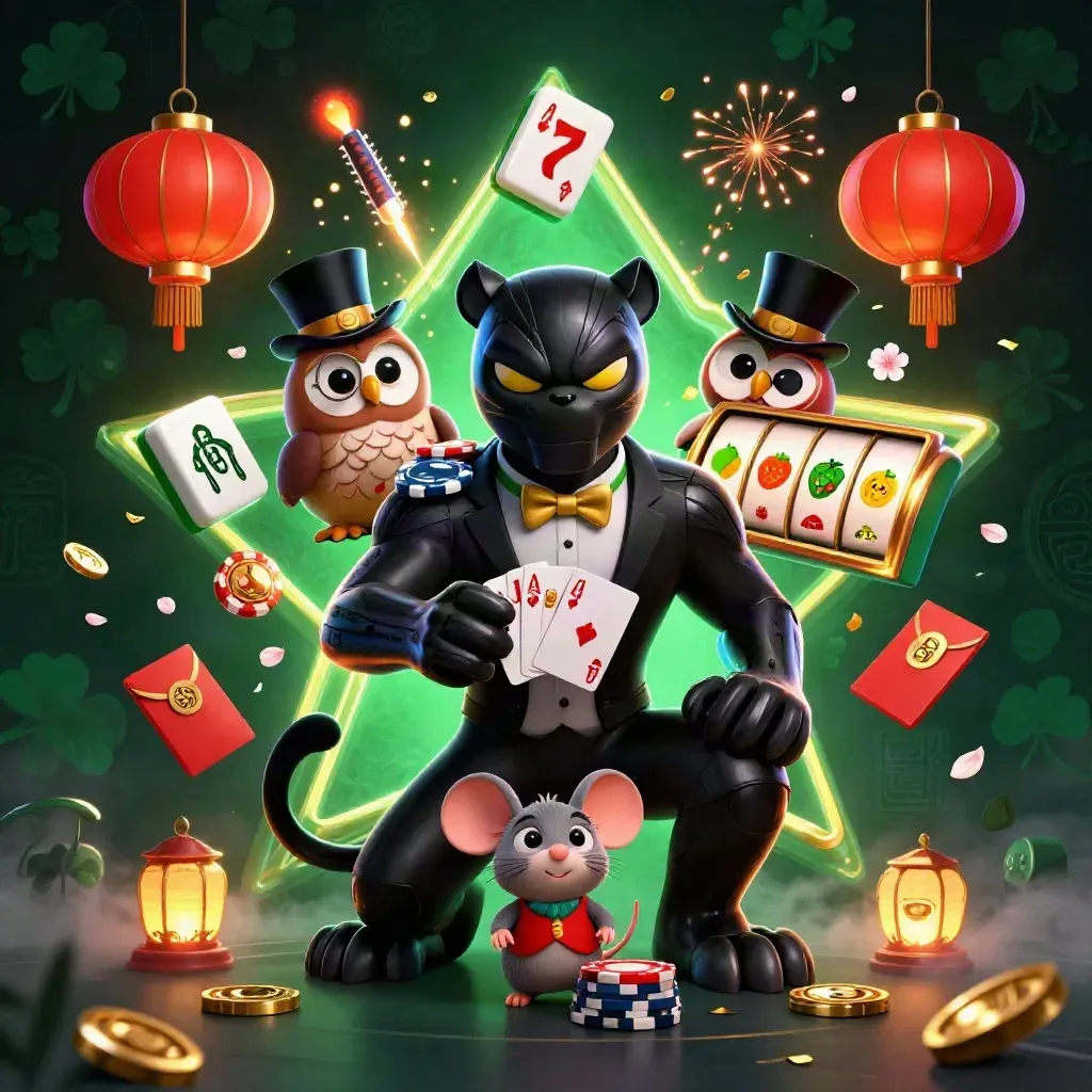 Panther, owl, and mouse casino heroes amid lanterns, coins, cards, and blue-gold magic.