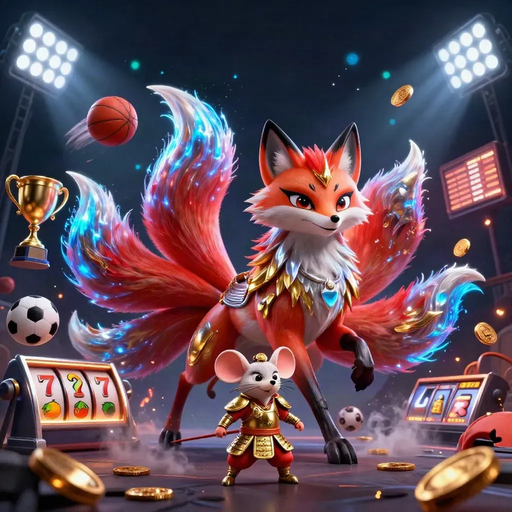 Three-tailed fox spirit and samurai mouse amid casino sports icons, coins, and neon lights