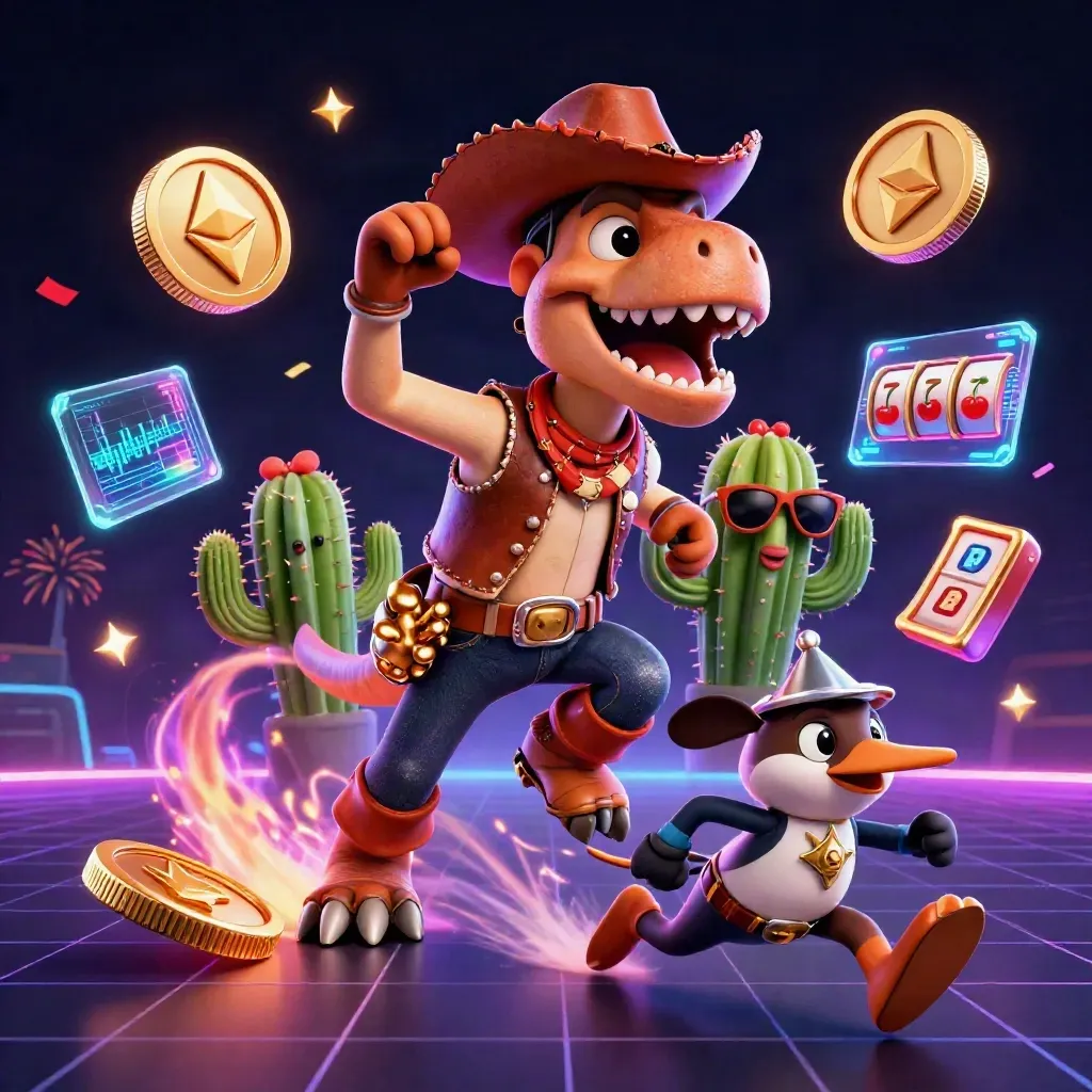 Cowboy T-Rex, cactus sidekick, and roadrunner amid neon casino effects and slot symbols.