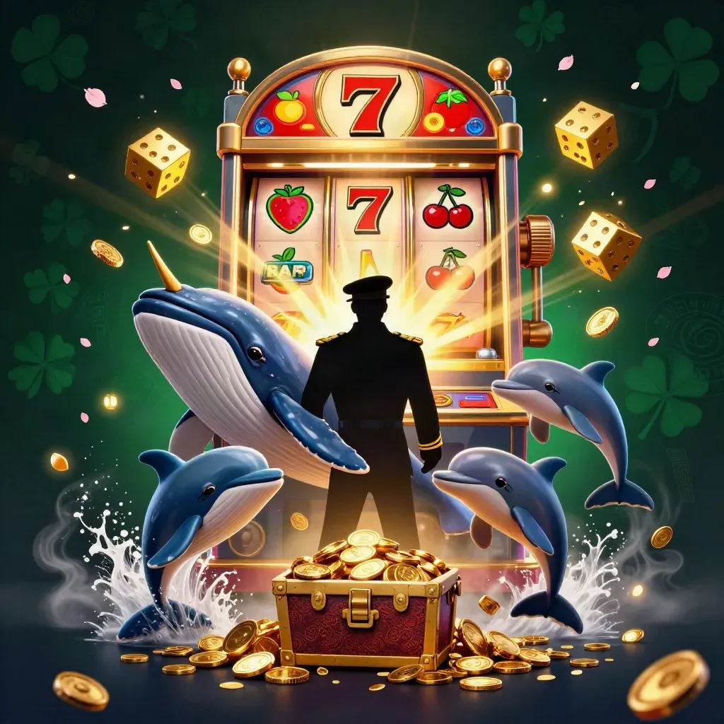 Captain whale, narwhal, and dolphins burst through coins beside a glowing slot machine.