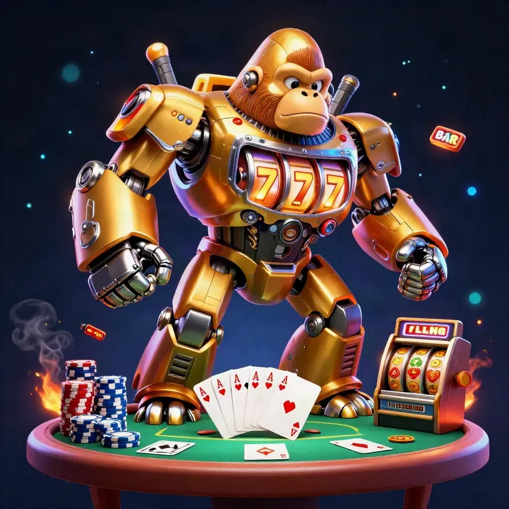 Golden gorilla mech with monkey pilot amid poker chips, aces, reels, and neon casino sparks.
