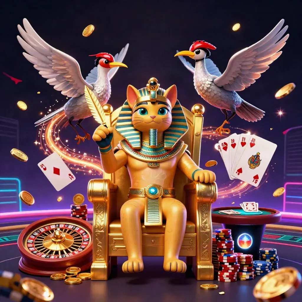 Pharaoh cat on a golden throne with ibis scribe, scarabs, coins, roulette wheel and chips